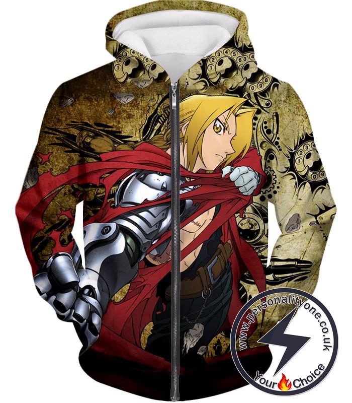 Fullmetal Alchemist Powerful Alchemist Edward Elrich Featuring Automail Right Hand Cool Action Zip Up Hoodie